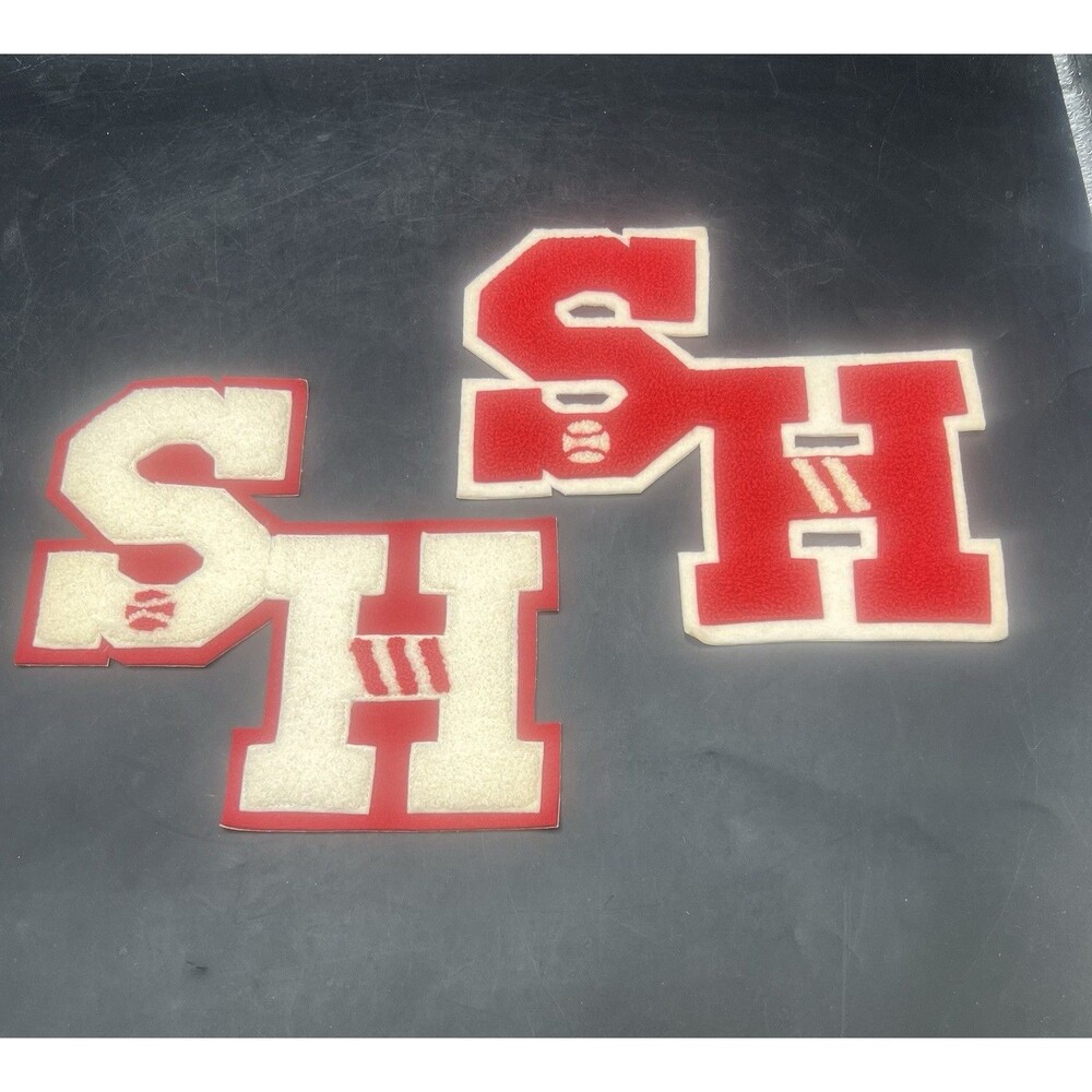 Vintage SH Varsity Letterman Chenille Patches Red White Sports Lot of 2 7.5"
